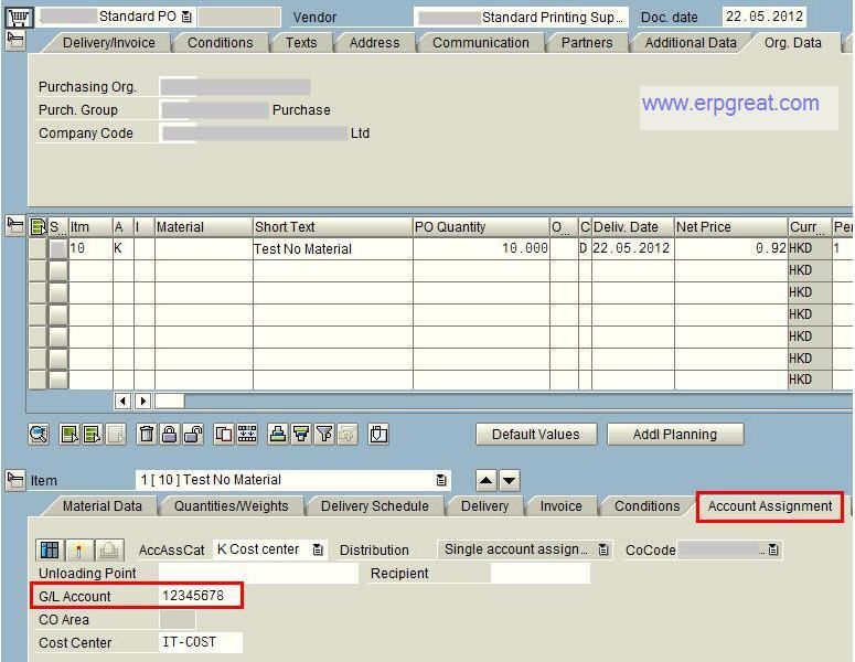Purchase Order Account Assigned K - Cost Center