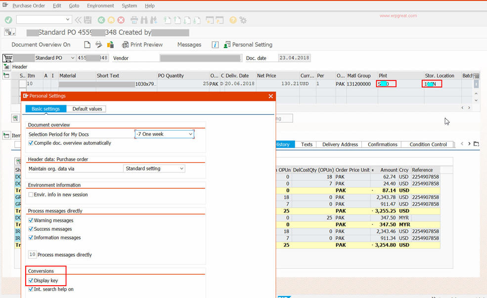 Purchase Order Display Plant and Storage As Key Fields